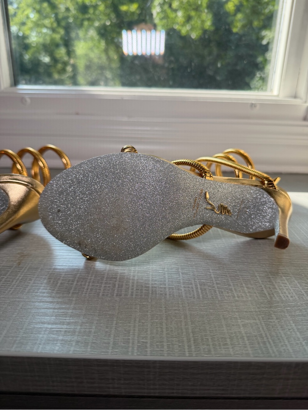 Rene Caovilla Metallic Gold Spiral Ankle-Strap Sandals - Picture 9 of 13
